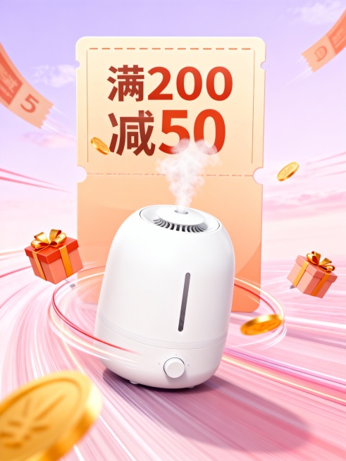 画面以明亮的淡紫到粉色的渐变天空为背景，营造出梦幻且富有活力的氛围。参考图中的商品围绕着优惠券飞翔，后面有速度线，同时飞着礼盒、金色硬币等元素，商品后立着一个巨大优惠券卡片“满200减50”。预览效果