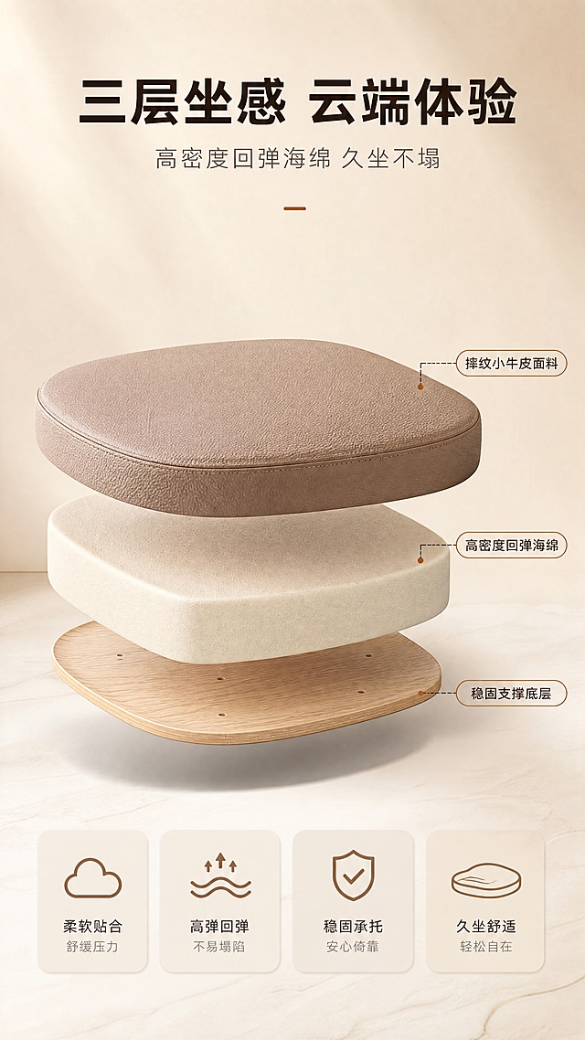 [商品] 使用【图1】B2512吧椅坐垫部分；保留卡其色摔纹皮面外观、坐垫整体形状与厚度；以3D分层透视方式展示坐垫内部结构，从外到内依次为摔纹小牛皮面料层、高密度回弹海绵层、支撑底层，分层清晰可见，不改变产品外部造型。
[画面] 目标：坐感结构解析，深度说服舒适度。居中构图，坐垫3D分层爆炸示意位于画面中央，占画面约55%。每层用细线引线+短标签标注。背景为浅米色渐变，简洁干净突出结构。左右两侧留白配文案。
[视觉] 套系策略：风格=现代轻奢高级商业摄影，亮调为主；标题字=现代简约粗黑体；正文字=纤细无衬线体；主色=奶咖米杏；背景延展=基于奶咖米杏做深浅层级、同色渐变和细腻哑光墙面/石材质感；强调色=深棕铜色，仅用于小面积图标、引线和标签；标题色=深炭棕；正文色=中暖灰；组件=圆角浅底信息卡、细线引线、极简icon；光影=左前侧暖柔光，柔和阴影。
[文字] 顶部主标题「三层坐感 云端体验」（8字），副标题「高密度回弹海绵 久坐不塌」（10字）。分层引线标注：「摔纹小牛皮面料」「高密度回弹海绵」「稳固支撑底层」。文字不遮挡坐垫主体。
[规格] 图片比例9:16竖版，4K分辨率，medium质量。避免变形、错字、文字过小、冷蓝/冷灰背景、产品外观改变、结构失真、绝对化用语。