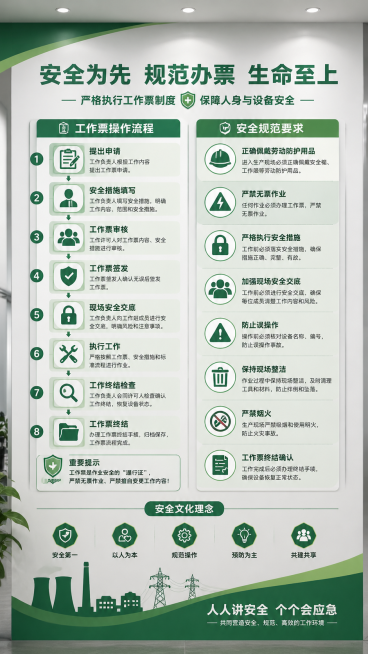 火电厂办票室安全文化展示墙，突出工作票操作流程和安全规范，简洁清晰设计，绿色安全色调，展示作业安全流程文化墙设计预览效果