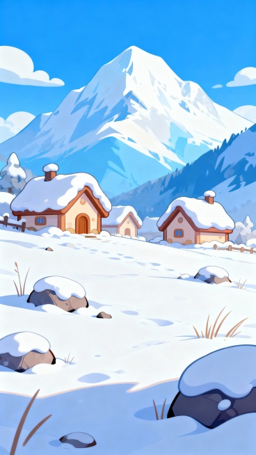 生成这种近处是雪地，远处是雪山，镜头是由近道远的竖版图片，加一些房屋，卡通游戏场景原画的风格，平涂风格预览效果