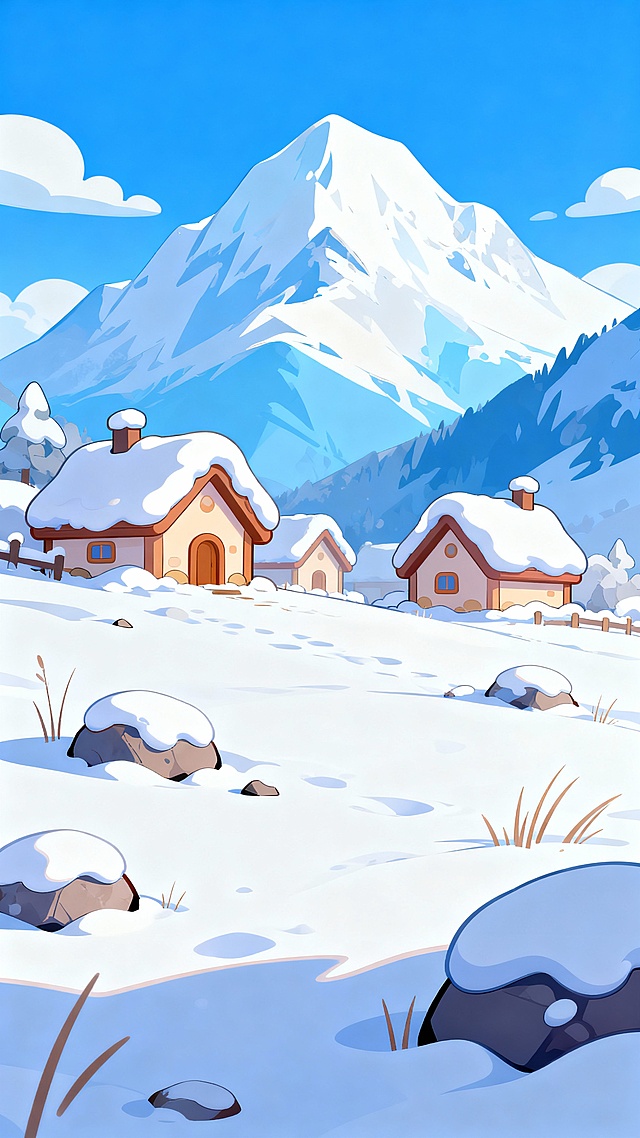 生成这种近处是雪地，远处是雪山，镜头是由近道远的竖版图片，加一些房屋，卡通游戏场景原画的风格，平涂风格