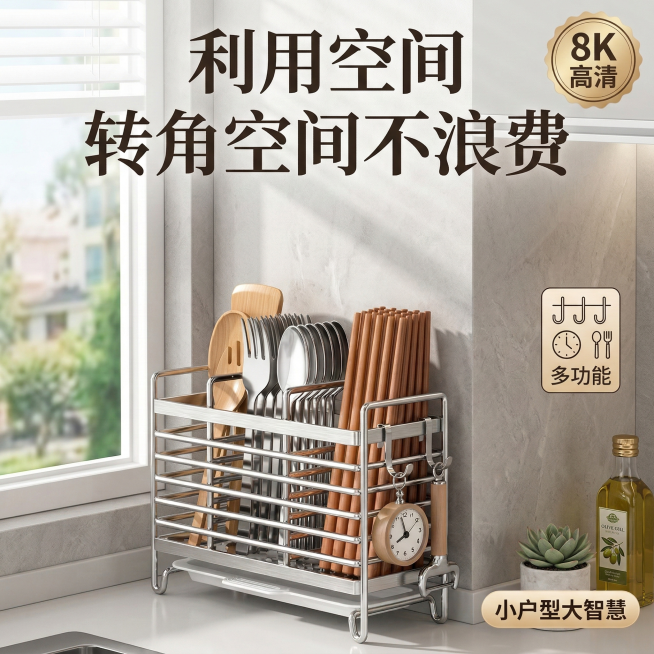 保持主体不变 ，帮我生成一张800*800的专业电商主图：高清 8K，商业摄影，小户型厨房，背景为浅灰色转角墙面，不锈钢筷子笼巧妙放置在转角处，充分利用闲置空间，旁边是窗户，自然光柔和，突出 “转角空预览效果