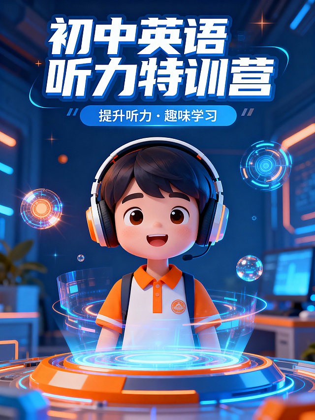 你好，你是一名平面海报设计师，请帮我设计一张 3:4 比例的初中英语听力特训营海报，采用科技蓝与活力橙为主色调，搭配未来感光效元素。画面中心是戴着耳机的卡通学生形象，