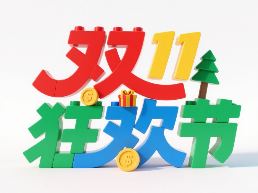 "双11 狂欢节"，乐高积木字体设计，中文艺术字由积木拼接组成，颜色鲜艳丰富（红、黄、蓝、绿），每个字只能有一个颜色，搭配金币、礼盒、小树，背景为白色。高饱和色彩。预览效果