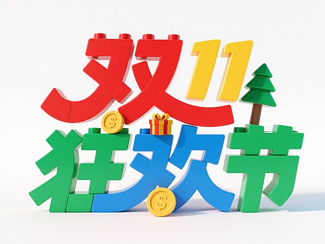 "双11 狂欢节"，乐高积木字体设计，中文艺术字由积木拼接组成，颜色鲜艳丰富（红、黄、蓝、绿），每个字只能有一个颜色，搭配金币、礼盒、小树，背景为白色。高饱和色彩。