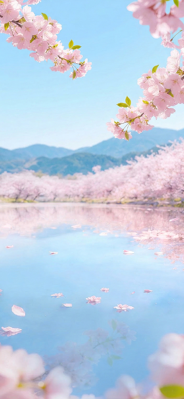 去掉图上所有文字，保留樱花、湖水风景画面，保持整体色调和风格不变