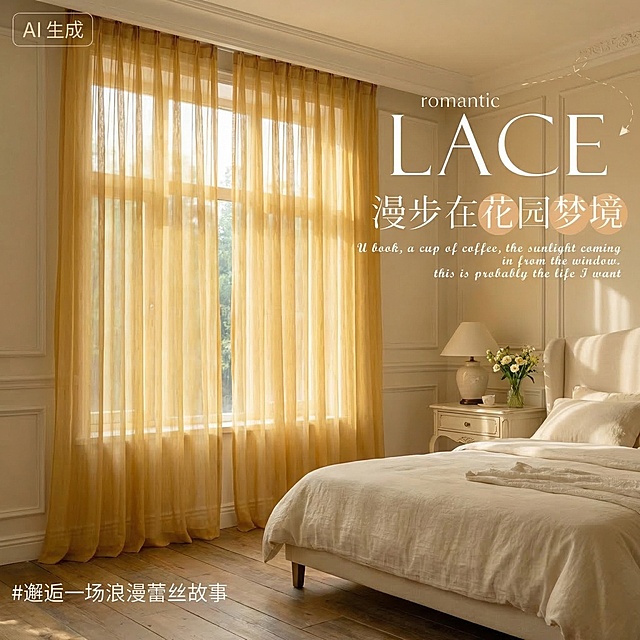保持暖黄色半透褶皱纱帘面料材质和所有文字内容不变，更换为全新的法式奶油风家装场景，更换拍摄角度，风格温柔浪漫，不要夸张，比例为1:1