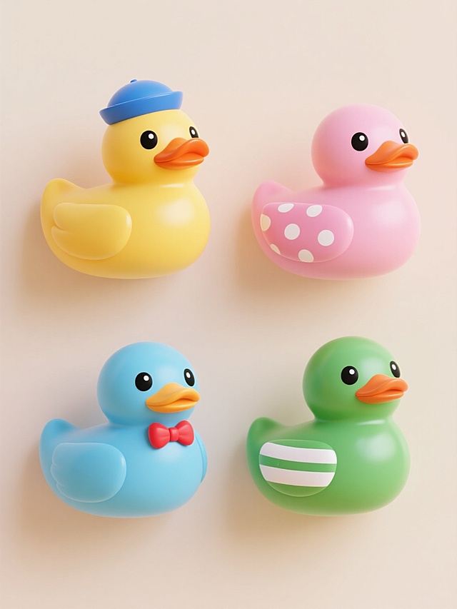 四个不同配色、不同样式与造型的卡通鸭子元素，采用上下两行对齐排列，背景为浅色；每个鸭子均保持圆润可爱的3D立体造型，具有光滑细腻的塑胶质感，高光泽度表面，柔和的光影过渡，黑色圆形眼睛带白色高光，橙色鸭嘴；第一个鸭子为经典黄色，戴蓝色小水手帽；第二个鸭子为粉色，翅膀处有白色波点图案；第三个鸭子为天蓝色，脖子系红色领结；第四个鸭子为绿色，背部有白色条纹装饰；整体构图简洁明快，色彩鲜亮和谐，充满童趣。