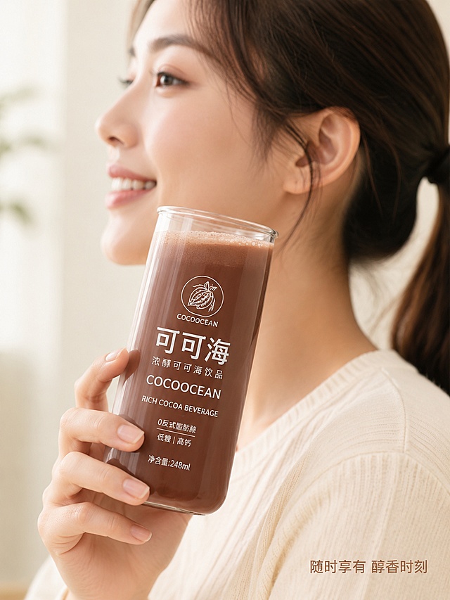 [第5屏] 模特展示屏-年轻亚洲女性半身手持可可海饮品展示。本屏为饮料类必填展示，模特肩部以上侧脸入镜，产品清晰展示。
[氛围/风格] 轻松生活方式，自然日常妆造，干净通透质感
[元素布局] 模特侧身站立，右手举着玻璃杯装的可可海饮品靠近下巴，脸部侧对镜头，表情放松愉悦；产品玻璃杯占画面中心位置约65%，瓶身和饮品清晰可见，模特面部适当虚化突出产品
[光影质感] 柔和室内自然光，均匀打亮产品和模特，避免过硬阴影，整体干净通透
[配色色系] 全局底色 #F0EAE0；主色深棕饮品；辅助色浅米色背景，模特自然肤色
[视角构图] 中近景构图，聚焦模特和产品，背景简洁虚化
[文字版式] 右下角浅棕色小字「随时享有 醇香时刻」，不遮挡产品主体，字体风格保持统一圆角黑体
[比例分辨率] 3:4 竖版比例，4K分辨率，文字清晰可辨，高清画质
[负向提示词] 模特面部变形，产品被遮挡，文字错乱，色彩夸张，低俗擦边