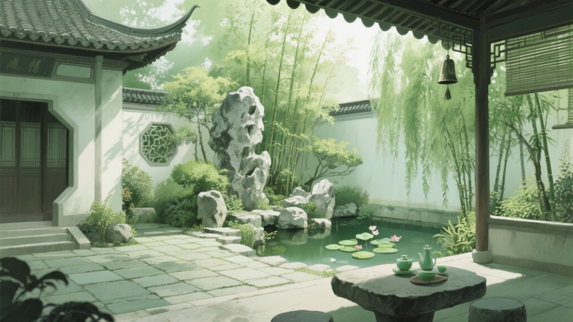 古风，绿色，庭院，不要人，二次元，细节丰富，生成2张预览效果