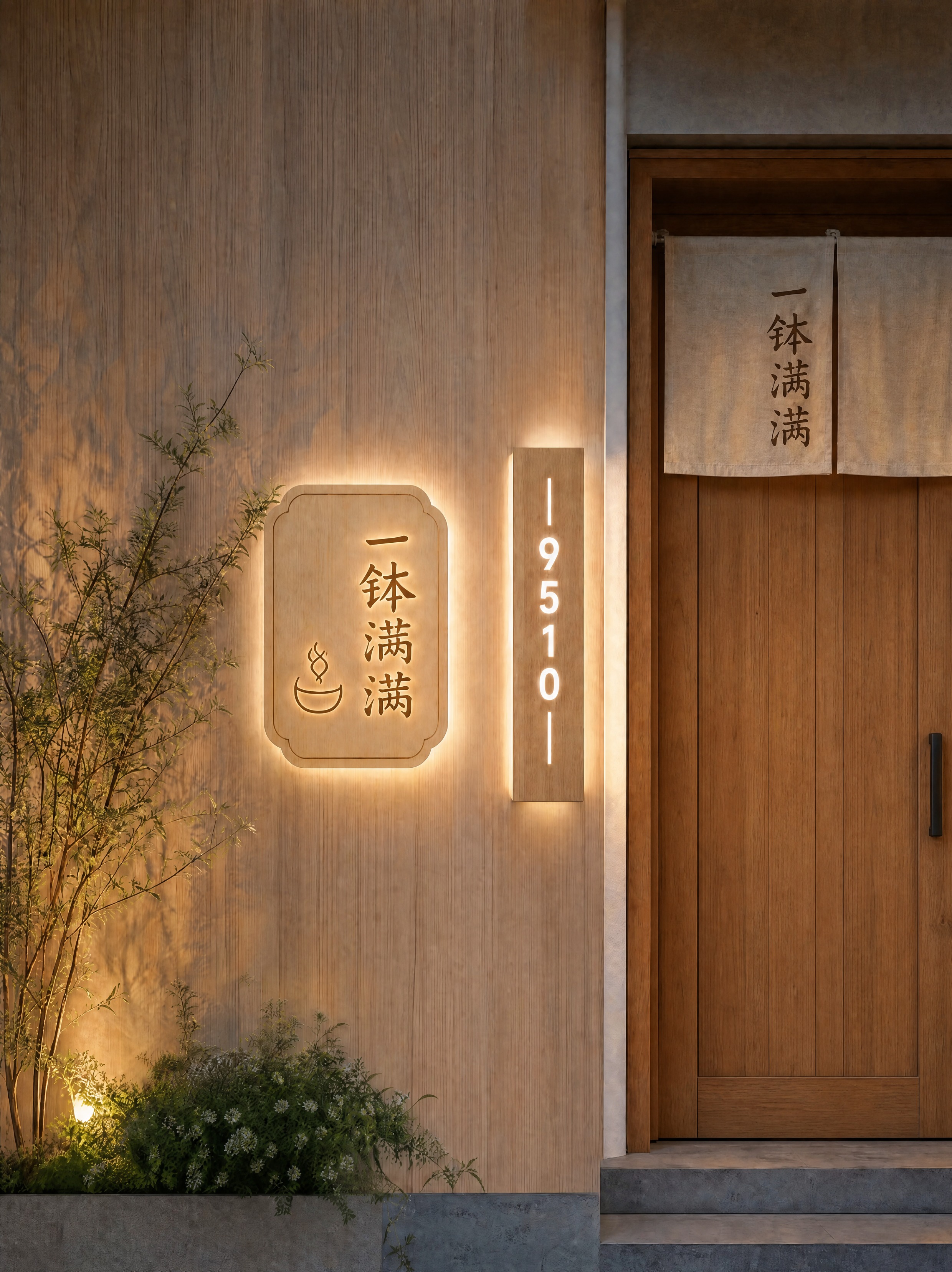 将右侧的玻璃门替换为实心木质门，看不到店内内容，门上方保留布帘… - 图片创意预览