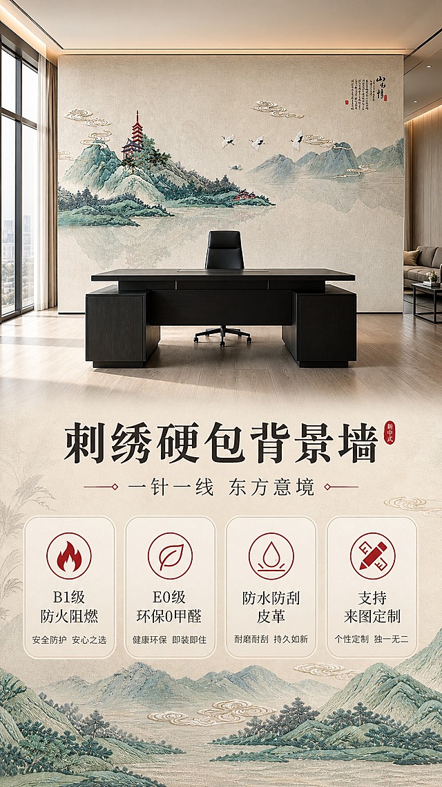 [商品] 使用【图1】华岳凌霄款刺绣硬包背景墙；保留青绿山水、红色宝塔、仙鹤、祥云、书法题字等刺绣图案，保留皮革底材肌理和刺绣层次，不改变图案配色和结构；商品处理：增强刺绣丝线光泽感与立体层次，皮革纹理清晰，整体画面干净高级。
[画面] 目标：首屏海报头图，吸睛震撼，突出产品高端质感与核心卖点。构图：上2/3为老板办公室全景场景，大面积展示整面刺绣硬包背景墙，下1/3为卖点信息区；主体占画面60%，前景黑色办公桌、中景整面背景墙、后景落地窗与城市天光；阅读动线从上至下，先被场景震撼再读卖点。
[视觉] 套系策略：风格=新中式高端商业摄影+精致排版；标题字=宋体/书法体粗衬线，大气有东方韵味；正文字=简洁现代无衬线体；主色=青绿色+米杏色（取自山水刺绣主色调）；背景延展=基于米杏色做深浅层级、同色渐变和宣纸/皮革细腻质感；强调色=朱砂红，仅用于小面积图标、引线、标签和重点数字；标题色=深墨色；正文色=深炭灰；组件=圆角浅底信息卡、细线引线、山水纹样装饰元素；光影=左侧落地窗自然光+室内暖光，柔和均匀，突出刺绣立体感。
[文字] 顶部大主标题"刺绣硬包背景墙"，副标题"一针一线 东方意境"；下方4个核心卖点图标+短文案："B1级防火阻燃"、"E0级环保0甲醛"、"防水防刮皮革"、"支持来图定制"；文字区位于画面下部1/3，不遮挡背景墙主体，所有文字横排，字号保证手机端清晰可读。
[规格] 图片比例9:16竖版，分辨率2K，避免变形、错字、文字过小、冷蓝灰主色、图案失真、刺绣层次扁平。