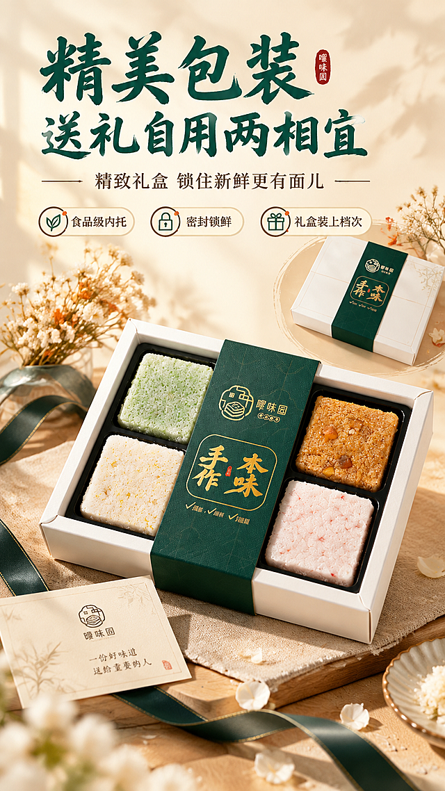 [商品] 使用【图1】实心四拼小方糕礼盒装；保留白色礼盒+深绿色腰封、"嗲味园"Logo、"本味手作"字样、盒内四色方糕；优化礼盒包装质感，使纸盒更挺括精致，腰封烫金/烫银质感更高级。
[画面] 目标为包装精美页，展示礼盒包装细节与礼赠感；包装结构特写型，画面主体为礼盒开盖45度侧视角度，礼盒占画面60%居中偏下；礼盒旁搭配丝带、贺卡、干花装饰；上方为礼盒闭合状态俯拍小图作对比；前景有柔化的花瓣/米粒，中景为礼盒主体，后景为浅米色渐变加柔和光斑；营造精致礼赠氛围，体现包装精美、送礼有面。
[视觉] 套系策略：风格=中式清新手工糕点商业摄影风；标题字=手写书法体（苍劲有力，带笔锋）；正文字=简洁宋体；主色=米杏白+深墨绿；背景延展=基于米杏白做深浅层级、同色渐变和细腻宣纸/米糕质感；强调色=暖橘红，仅用于小面积图标、引线和标签点缀；标题色=深墨绿；正文色=深棕灰；组件=圆角浅底信息卡、细线引线、中式印章点缀；光影=左前侧暖柔光，带窗格投影，柔和自然。
[文字] 上方主标题"精美包装 送礼自用两相宜"，副标题"精致礼盒 锁住新鲜更有面儿"，下方配3个包装卖点："食品级内托""密封锁鲜""礼盒装上档次"；所有文字横排。
[规格] 图片比例9:16竖版，4K，避免变形、错字、文字过小、冷蓝/蓝灰背景、包装文字错乱、过度奢华感。