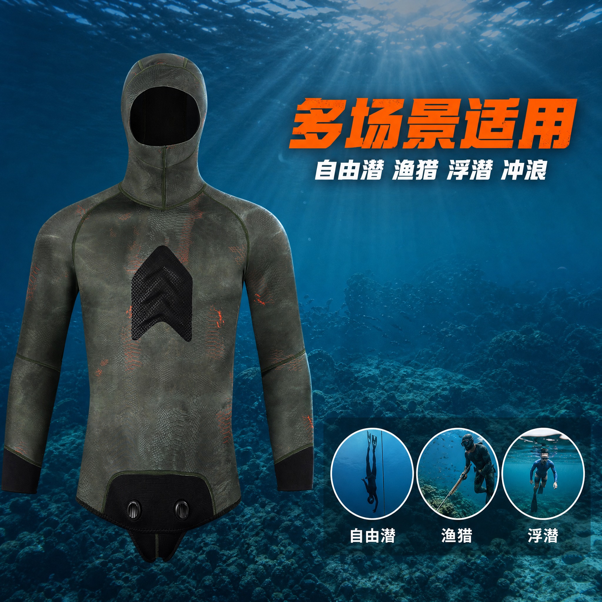 [主图-5] 3mm分体潜水服连帽上衣 适用场景展示图。 [统… - 图片创意预览