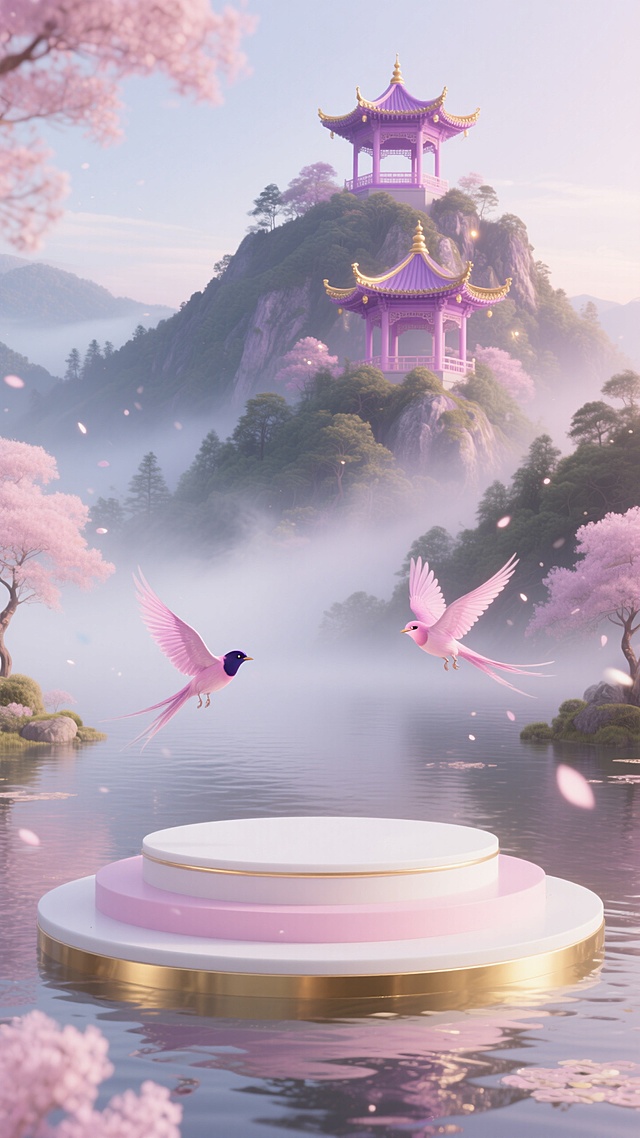 在一个被水环绕的超现实场景中，前面有个梦幻粉白色圆形展台，氛围空灵而优雅，充满了古典和梦幻的元素。在后面山上，你可以隐约看到粉红色和紫色的亭子，边缘是金色的。主要配色方案为淡粉色、浅紫色、白色、金色、鲜金色。它通过广角镜头展示了整体形状。山林的细腻质感、柔和的灯光和周围的薄雾营造出朦胧梦幻的视觉效果。它以3D渲染风格展示了东方美学的魅力。两只粉丝喜鹊飞舞，柔光粒子飘散。