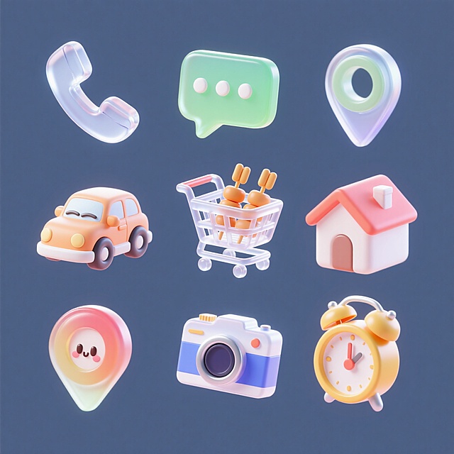可爱3D风图标，轻拟物设计，萌趣元素集合，简约现代风格。