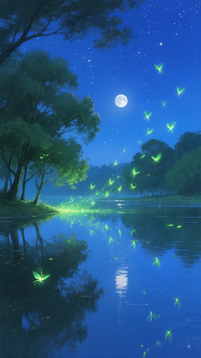 梦幻插画风，虚拟自然景象，萤火虫在月光下翩翩起舞，营造出宁静而神秘的氛围。
