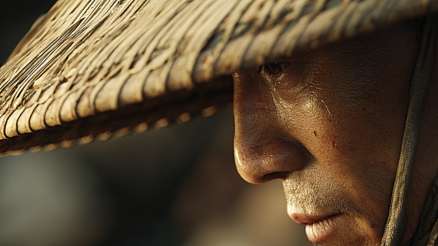 Cinematic close-up, side profile of an East Asian coachman wearing a bamboo straw hat. The brim of the hat is pressed low, shadows cover his eyes, only revealing his tight jawline. A crystal-clear drop of sweat slides down his wheat-colored skin. The laughter of fairy phantoms around him becomes visible sound waves vibrating in the air. Cool color palette, ultra-realistic skin texture and bamboo weaving hat texture, 4K