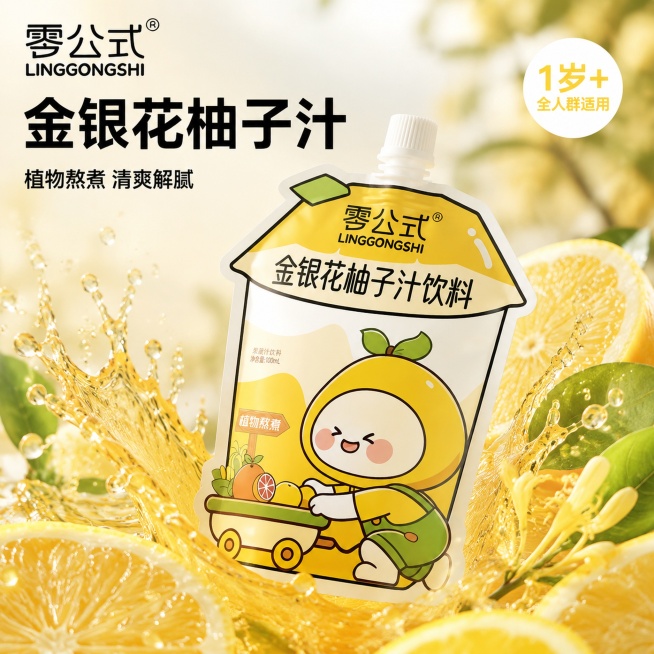 [主图-1] 金银花柚子汁饮料首图，抖音电商高点击视觉
[氛围风格] 清新自然食欲感，夏日清爽场景
[画质] 商业摄影质感，光线柔和通透，产品清晰真实，画面干净高级
[元素] 保持金银花柚子汁吸吸袋包预览效果