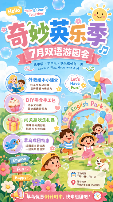 活泼卡通风，英语亲子双语游园会活动海报，主标题为"奇妙英乐季"，副标题为"7月双语游园会"，包含卖点"外教绘本小课堂""DIY零食手工包""闯关赢欢乐礼品""早鸟成团特惠"，马卡龙撞色设计，蓝天白云背预览效果