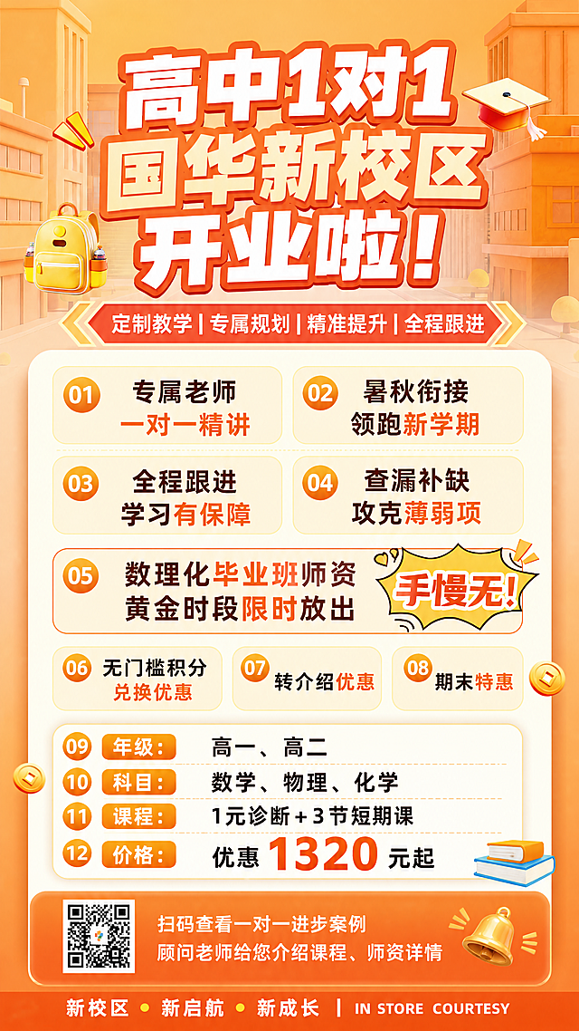 使用第一张图片的海报模板，放入第二张图片的内容，保留第一张海报的橙色暖色调整体设计风格和排版结构，替换文字内容为：主标题“高中1对1 国华新校区开业啦！”，副标题“定制教学 | 专属规划 | 精准提升 | 全程跟进”，下方内容依次为：
1.专属老师 一对一精讲
2.暑秋衔接 领跑新学期
3.全程跟进 学习有保障
4.查漏补缺 攻克薄弱项
5.数理化毕业班师资 黄金时段限时放出
6.无门槛积分兑换优惠
7.转介绍优惠
8.期末特惠
9.年级：高一、高二
10.科目：数学、物理、化学
11.课程：1元诊断+3节短期课
12.价格：优惠1320元起
底部：“扫码查看一对一进步案例 顾问老师给您介绍课程、师资详情”，保留左下角二维码位置，保留底部文字“新校区 · 新启航 · 新成长 | IN STORE COURTESY”。整体排版和第一张一致，保持信息完整清晰。