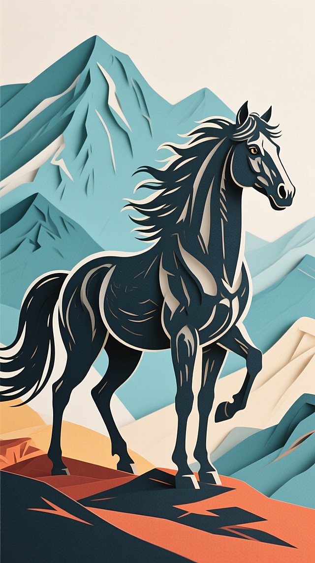 撕纸风插画，几何山峦叠嶂，光影交错凸显马的体积感与宽阔视野，剪纸质感赋予画面立体层次，节日氛围中尽显自由奔腾之力。
