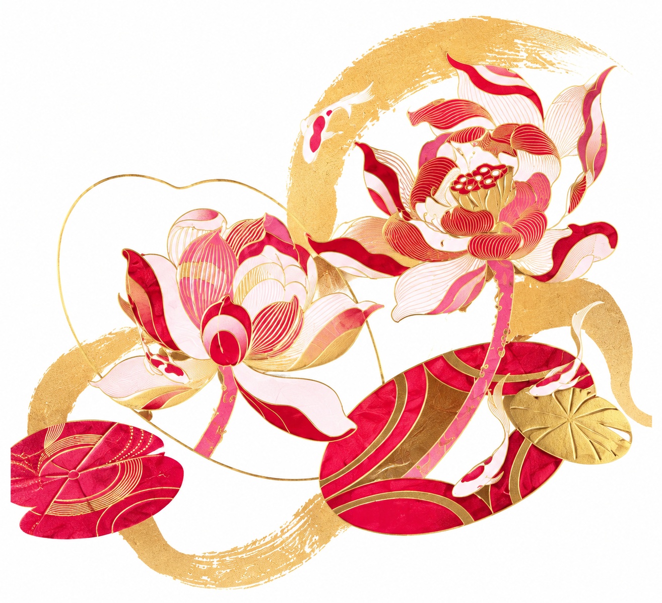 参考原图片国潮烫金风格，提取画面中的荷花和锦鲤纹样，保留红金色… - 图片创意预览