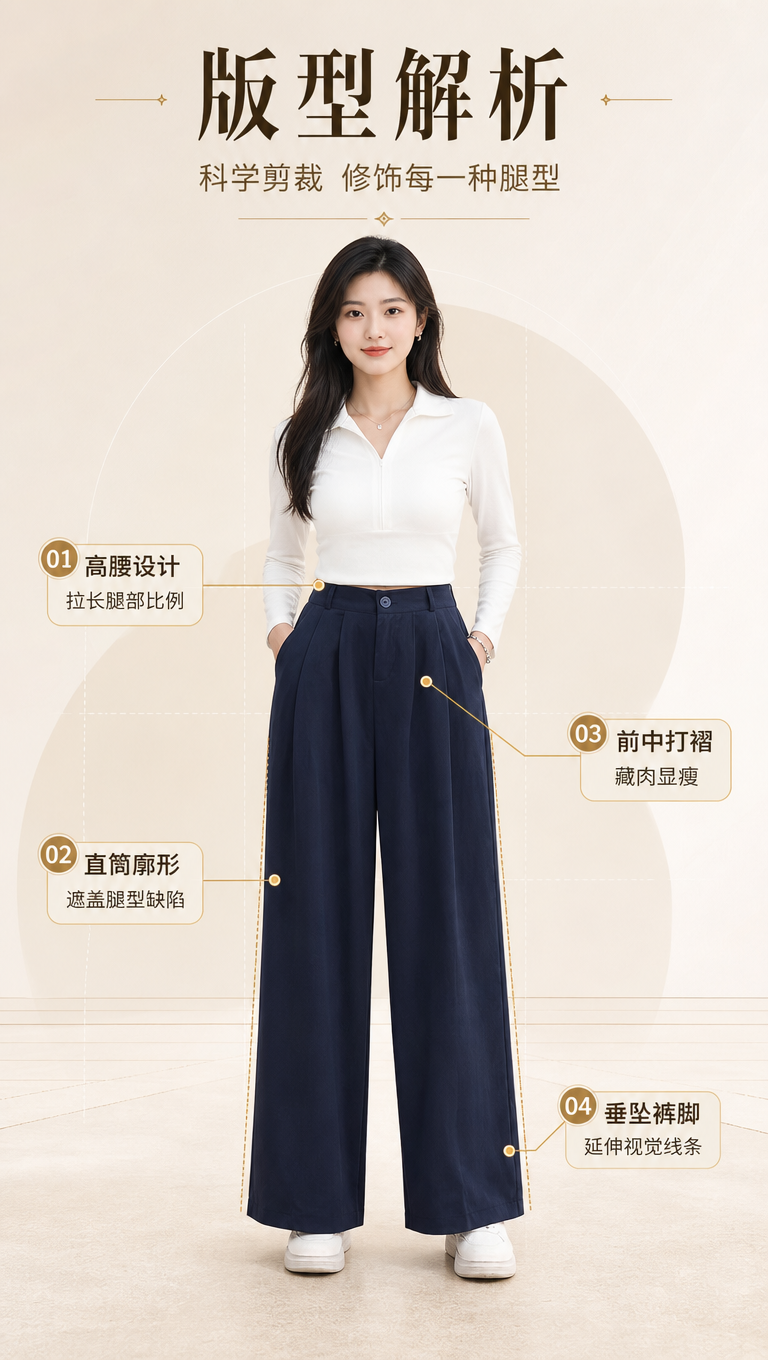 [商品] 使用【图2】藏青色高腰直筒阔腿裤全身正面；商品处理：… - 图片创意预览