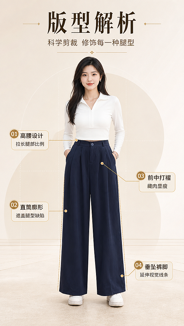 [商品] 使用【图2】藏青色高腰直筒阔腿裤全身正面；商品处理：保留高腰腰头、单颗纽扣、前中双褶、两侧插袋、直筒阔腿版型；自然去皱，理顺垂坠，增强面料纹理、缝线、纽扣质感，不改变版型和颜色。
[画面] 目标：版型解析页，可视化高腰+直筒的显瘦原理；构图：居中全身模特正面站姿，双手插袋，产品占画面60%；从腰头、裤腿、裤脚、侧缝引出金色引线标注；前景浅米色地面，中景模特，后景浅米色渐变+几何辅助线；阅读动线从顶部标题到中部主体再到四周标注。
[视觉] 套系策略：风格=高级轻熟通勤商业摄影；标题字=现代衬线粗体（优雅精致）；正文字=简洁无衬线体；主色=浅米色（奶油米）；背景延展=基于浅米色做深浅渐变、同色系层次和细腻哑光纸张质感；强调色=香槟金色，仅用于小面积图标、引线、装饰线条和标签底纹；标题色=深炭棕色；正文色=中暖灰；组件=圆角浅金信息卡、细金线引线、米色几何色块；光影=左前侧柔和暖光，人物边缘带金色轮廓光。
[文字] 顶部主标题「版型解析」，副标题「科学剪裁 修饰每一种腿型」；4处引线标注：①高腰设计——拉长腿部比例 ②直筒廓形——遮盖腿型缺陷 ③前中打褶——藏肉显瘦 ④垂坠裤脚——延伸视觉线条；所有文字横排，标签不遮挡裤型主体。
[规格] 图片比例9:16竖版，4K分辨率，淘宝/天猫详情页风格；避免变形、错字、文字过小、冷蓝背景、裤子颜色改变、版型失真、极限词。