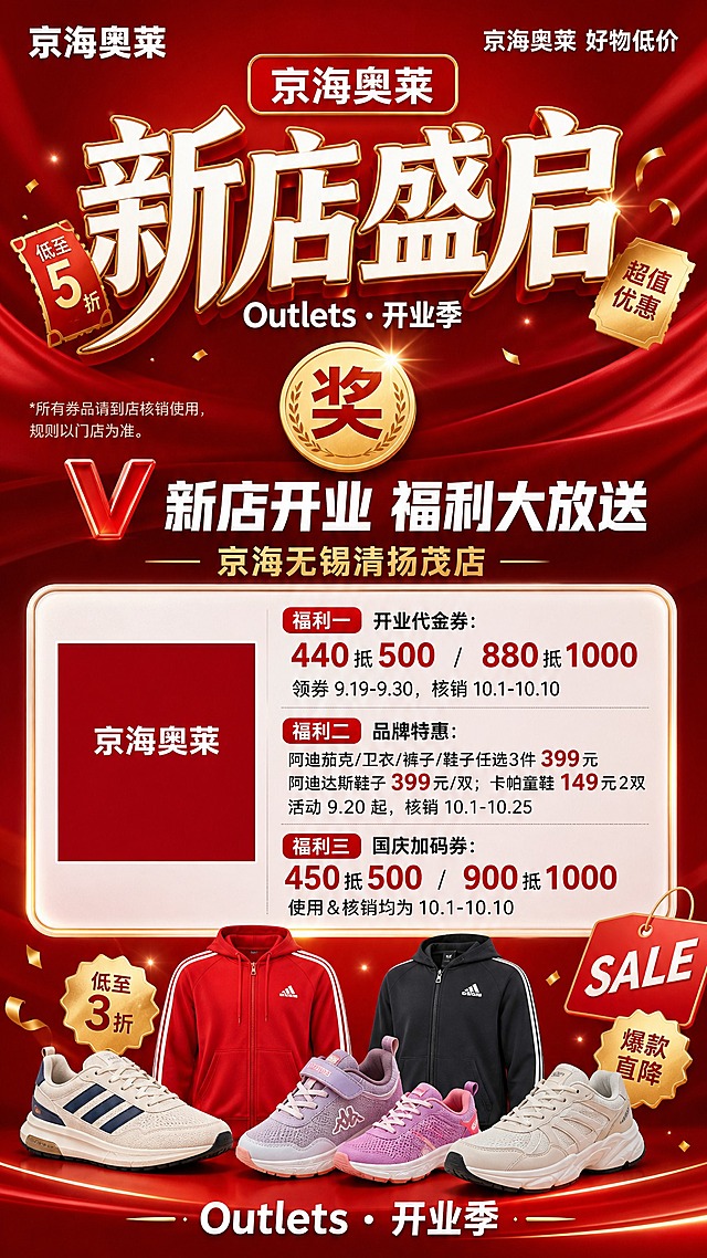 竖版手机端开业促销海报，9:16比例，深红渐变带绸缎光感背景，金色装饰点缀，整体喜庆大气，严格上中下三段式排版，元素对齐规整，信息清晰易读，促销氛围强，符合线下门店开业传播质感，版式精美。

【顶部品牌栏】：左上角白色粗体字写「京海奥莱」，右上角白色字写「京海奥莱 好物低价」，顶部居中放红色圆角矩形标签，标签内为白色字「京海奥莱」，金色细边装饰。

【主标题视觉区】：画面上半部分居中放置超大艺术字主标题「新店盛启」，白色字体带金色描边立体效果，字号最大最醒目；主标题下方配白色小字副标题「Outlets · 开业季」；标题左右两侧搭配折扣标签、不规则金色/红色色块装饰，营造促销氛围。

【辅助说明区】：主标题下方居中放金色圆形徽章，徽章内有红色「奖」字；徽章左侧加灰色备注小字：「*所有券品请到店核销使用，规则以门店为准」。

【福利主题区】：搭配红色立体V形标识，配白色粗体大标题「新店开业 福利大放送」，下方标注金色门店名「京海无锡清扬茂店」，整体居中对齐。

【核心信息卡片】：画面中下部放置半透明白色圆角玻璃质感卡片，带微弱金色边框；左侧放二维码占位（纯色方块占位符，方块中央标注「京海奥莱」文字，严禁生成可识别二维码图案）；右侧分3条竖列福利内容，优惠金额用红色突出标注，黑色正文：
- 福利一 开业代金券：「440」抵「500」 / 「880」抵「1000」，领券「9.19」-「9.30」，核销「10.1」-「10.10」
- 福利二 品牌特惠：阿迪茄克/卫衣/裤子/鞋子任选3件「399」元、阿迪达斯鞋子「399」元/双；卡帕童鞋「149」元2双；活动「9.20」起，核销「10.1」-「10.25」
- 福利三 国庆加码券：「450」抵「500」 / 「900」抵「1000」，使用&核销均为「10.1」-「10.10」

【底部视觉区】：画面底部错落摆放运动鞋、运动服饰、童鞋的免抠商品图，穿插SALE吊牌、折扣标签装饰；最底部居中配白色字「Outlets · 开业季」收尾。

画面中所有信息区域、福利条目、卡片内容必须填充完整合理，不得出现空白框、空白占位、空列表项。画面中所有数字必须精确渲染，不得错位、遗漏或编造。画面中所有二维码区域使用纯色方块占位符呈现，方块中央标注「京海奥莱」文字，严禁生成任何可识别的二维码图案。