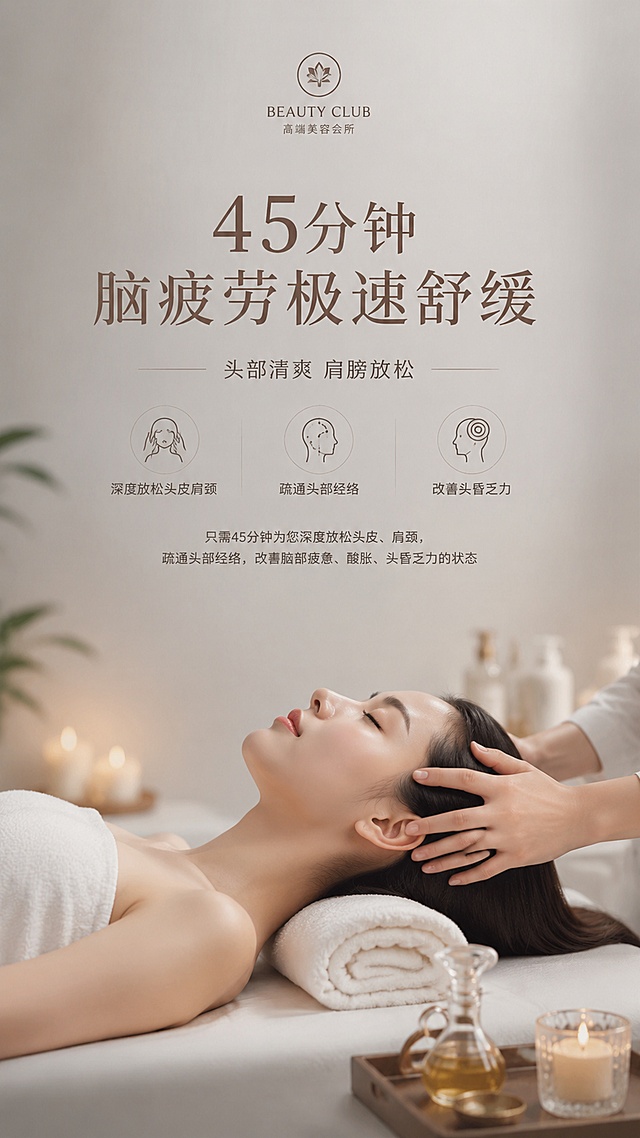 高端美容会所宣传海报，写实商业摄影风格，高端大气，简约专业。整体色调低饱和莫兰迪，干净高级，背景使用柔和静谧的浅灰调渐变空间，带柔和暖光氛围。主视觉居中，文字清晰，信息层级分明，版式精美。画面文案：主标题"45分钟 脑疲劳极速舒缓"，副标题"头部清爽 肩膀放松"，卖点标注"深度放松头皮肩颈"、"疏通头部经络"、"改善头昏乏力"，装饰小字"只需45分钟为您深度放松头皮、肩颈，疏通头部经络，改善脑部疲惫、酸胀、头昏乏力的状态"。整体留白舒适，突出专业和舒缓感，符合高端美容会所定位。