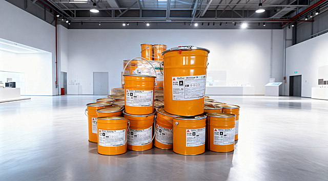将图片中的Sikafloor®-Workshop CN三组份多用途环氧树脂地坪涂料产品保留原有外观和包装文字，换到工业风简约展厅场景中，背景干净专业，突出涂料桶产品的质感，明亮柔和的室内漫射光影，画面干净通透，商业级4K摄影，适配1688详情页展示风格，保留产品包装上所有文字信息完整清晰，保持产品原有结构不变，不扭曲不变形