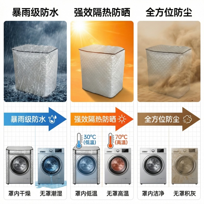 功能对比图，分三栏布局：左侧展示洗衣机罩淋雨测试，对比罩内干燥和无罩洗衣机潮湿的状态，标注"暴雨级防水"；中间展示高温暴晒测试，对比罩内低温和无罩洗衣机高温的温度计示数，标注"强效隔热防晒"；右侧展示预览效果