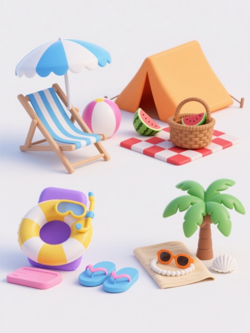 一套4个同风格夏季主题元素集合的规整排布设计，每个元素均采用简约3D立体风格，平滑渐变色彩，柔和光影效果，白色纯色背景。元素1：蓝色波浪边遮阳伞、蓝白条纹帆布躺椅、黄白相间救生圈、粉白拼接沙滩球；元素2：橙色遮阳帐篷、红白格纹野餐垫、绿色西瓜切片、棕色藤编野餐篮；元素3：紫色充气游泳圈、黄色潜水镜、粉色浮板、蓝色沙滩拖鞋；元素4：绿色棕榈树、米色沙滩毛巾、橙色太阳镜、白色贝壳串。所有元素造型圆……预览效果