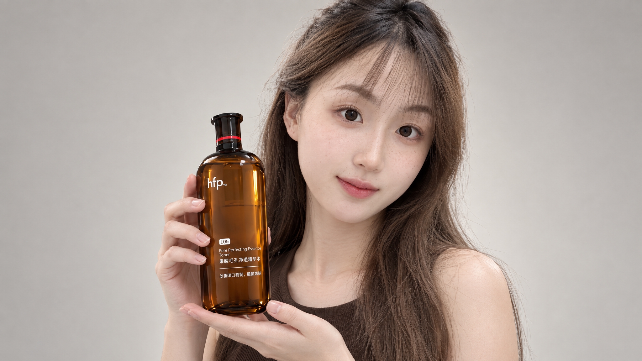 专业美妆产品棚拍，年轻东亚女性模特，面容与参考图中女孩完全一致… - 图片创意预览