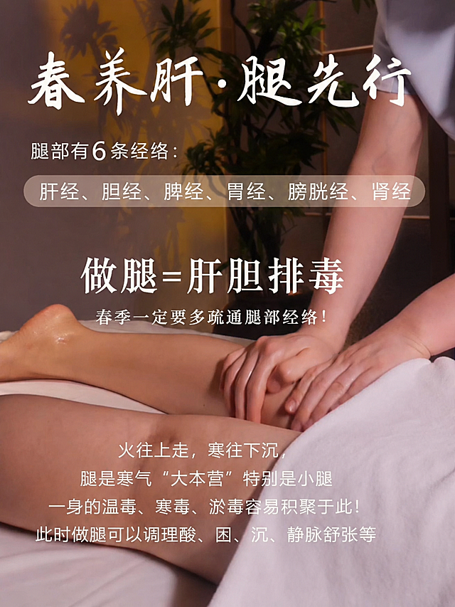 以第一张腿部按摩图为背景，将第二张图中的所有文字内容完整地放到第一张图上，文字内容包括：大标题“春养肝·腿先行”，副标题“腿部有6条经络：”，经络列表“肝经、胆经、脾经、胃经、膀胱经、肾经”，中间标题“做腿=肝胆排毒”，说明文字“春季一定要多疏通腿部经络！”，以及底部段落“火往上走，寒往下沉，腿是寒气“大本营”特别是小腿 一身的温毒、寒毒、淤毒容易积聚于此！此时做腿可以调理酸、困、沉、静脉舒张等”。保持文字的排版层次和白色字体风格，文字清晰可读，整体画面自然协调，保留第一张图的原始场景内容不变。