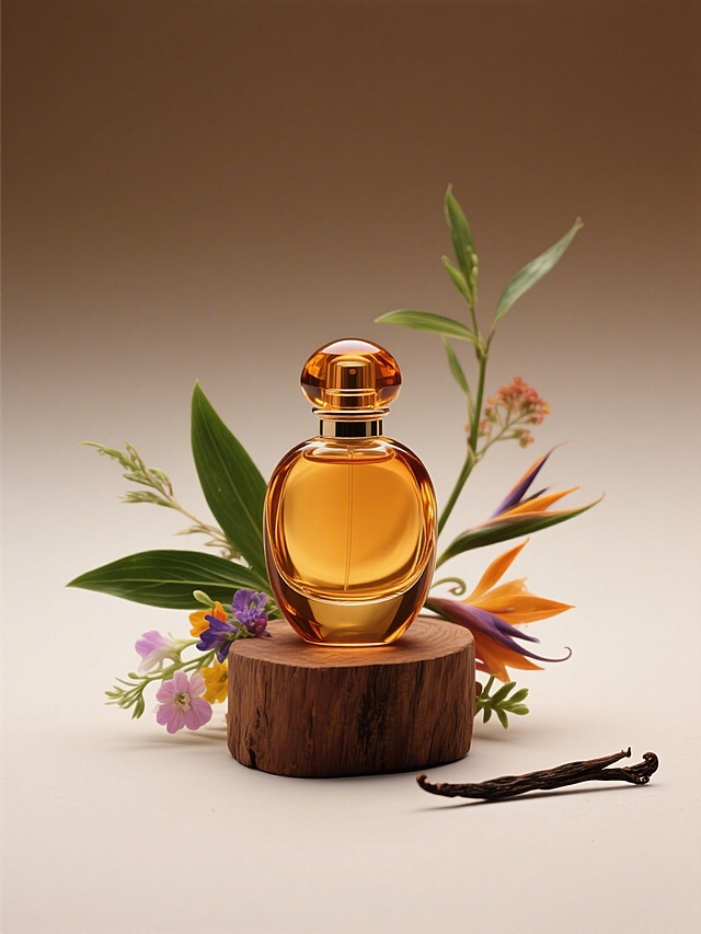 奢华感与优雅感交织，复古玻璃瓶身透出琥珀色香氛，置于木雕质感底座，搭配真实花卉与香草，3D渲染呈现极致重拟物风，唯美感与实景感并存。