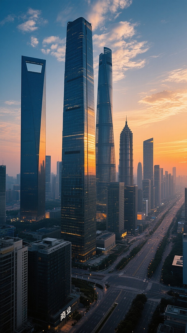 一张极具商业氛围的城市天际线海报，采用超写实风格的摄影手法，以黄昏时分的现代都市全景为主体。画面中，高耸入云的玻璃幕墙摩天大楼群占据核心位置，其中几栋标志性超高层建筑尤为突出，展现出城市的繁华与力量感。整体色调以深蓝、靛蓝与橙色、金色的晚霞渐变为主，色彩和谐且富有层次感，天空中飘着形态优美的云彩，光影运用细腻，建筑物玻璃表面反射着落日余晖与城市初上的华灯，呈现出温暖而辉煌的高光效果与深邃的阴影细节，营造出既宁静又充满活力的氛围。构图采用经典的三分法，地平线平稳，建筑群从左至右疏密有致地延伸，具有强烈的视觉引导线和深远的空间感。设计上注重视觉层级，以震撼的城市景观作为核心视觉焦点，突出“商业”主题所蕴含的繁荣、现代与机遇感，信息传达高效，能迅速抓住目标受众（潜在投资者、商业人士、城市居民）的注意力，符合商业宣传所追求的高端、大气、积极向上的设计感。画面清晰展现了城市的道路网络、建筑群的材质质感与形态结构，以及它们之间的空间位置关系，整体呈现出高清晰度、高细节的专业摄影品质。