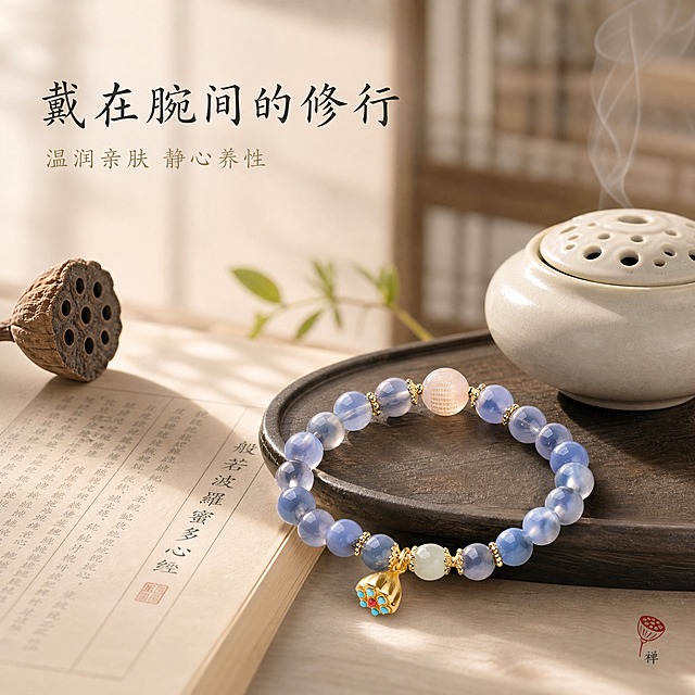 [主图-3] 主题：戴在腕间的修行。中式禅意茶席静物场景展示，营造宁静雅致的氛围，体现手串的文化意境与佩戴联想。
[统一基调] 米白+浅灰+淡金禅意风格，整体清雅宁静，国风禅意，不俗气。标题字体为书法感宋体/楷体，字色深灰近黑，副标题字色浅灰金。
[画面] 中式茶席或书房静物场景，整体色调米白+浅木色+淡灰，氛围宁静雅致有禅意。画面中心偏右位置，糖心玛瑙心经手串自然地摆放在一卷展开的线装经书或古朴的深色茶盘边缘，手串呈自然松弛的半圈形态，铜镀金莲蓬吊坠自然垂下。旁边搭配一只小巧的素白陶瓷香炉（可有淡淡轻烟袅袅升起）、一支干枯的莲蓬枝或一小枝绿叶作为点缀，背景是虚化的浅木色书架或竹帘。整体场景元素克制不杂乱，营造出静心修行的东方意境。画面右下角加一个小小的红色莲蓬印章图案，增加寓意感和国风韵味。
[光影质感] 柔和自然光从侧方照入，暖调漫射光，光影柔和有层次。手串珠子在光线下呈现通透感和温润感，金属部分有自然光泽。场景有自然的明暗对比，背景虚化，手串主体清晰。整体光影温暖宁静，有午后书房的静谧感。
[配色] 主色调米白、浅木色、浅灰，点缀淡金色和手串的蓝灰色，角落印章为暗红色小面积点缀。整体色调统一清雅，不使用跳跃颜色。
[文字版式] 画面左上留白区域放置主标题"戴在腕间的修行"，书法感字体，深灰色，字号适中有韵味。主标题下方放置副标题"温润亲肤 静心养性"，字号约为主标题的50%，浅灰金色。文字放在画面负空间，不遮挡手串主体。右下角小印章图案旁可有极小的"禅"字。
[输出要求] 1:1正方形，1440x1440像素。产品清晰材质真实，场景氛围到位，文字清晰可读。禁止杂乱场景、水印、平台Logo、廉价感、过度曝光、人物出现。