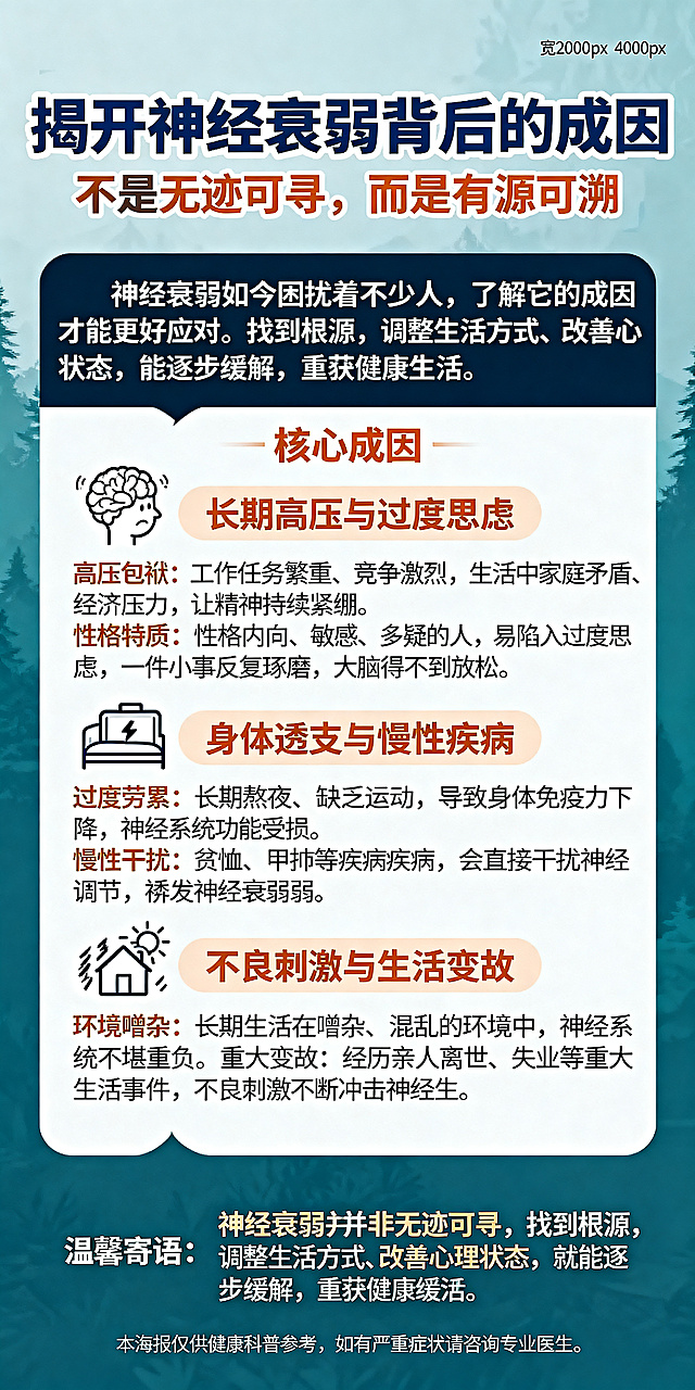 设计一张健康科普风格的神经衰弱成因海报，尺寸宽2000px高4000px，整体风格健康、科普、治愈、专业，适当留白。主色调为深蓝色或青绿色，重点文字使用橙色强调。从上到下排版：
1. 头部主标题区，顶部主标题“揭开神经衰弱背后的成因”，字体最大加粗居中，深蓝色。下方副标题“不是无迹可寻，而是有源可溯”字体稍小。引言使用深色块背景，文字居中：“神经衰弱如今困扰着不少人，了解它的成因才能更好应对。找到根源，调整生活方式、改善心理状态，就能逐步缓解，重获健康生活！”
2. 核心成因区分为三个板块，每个板块配对应简笔画图标：
成因一心理层面，配大脑或焦虑表情图标，核心观点长期高压与过度思虑，具体内容：高压包袱：工作任务繁重、竞争激烈，生活中家庭矛盾、经济压力，让精神持续紧绷。性格特质：性格内向、敏感、多疑的人，易陷入过度思虑，一件小事反复琢磨，大脑得不到放松。
成因二生理因素，配电池或床图标，核心观点身体透支与慢性疾病，具体内容：过度劳累：长期熬夜、缺乏运动，导致身体免疫力下降，神经系统功能受损。慢性干扰：贫血、甲亢等慢性疾病，会直接干扰神经调节，诱发神经衰弱。
成因三环境因素，配风暴或房子图标，核心观点不良刺激与生活变故，具体内容：环境嘈杂：长期生活在嘈杂、混乱的环境中，神经系统不堪重负。重大变故：经历亲人离世、失业等重大生活事件，不良刺激不断冲击神经。
3. 底部结语区：温馨寄语“神经衰弱并非无迹可寻，找到根源，调整生活方式、改善心理状态，就能逐步缓解，重获健康生活！”，底部小字“本海报仅供健康科普参考，如有严重症状请咨询专业医生。”
每个成因旁配上对应简单简笔画增加亲和力，排版清晰明了。