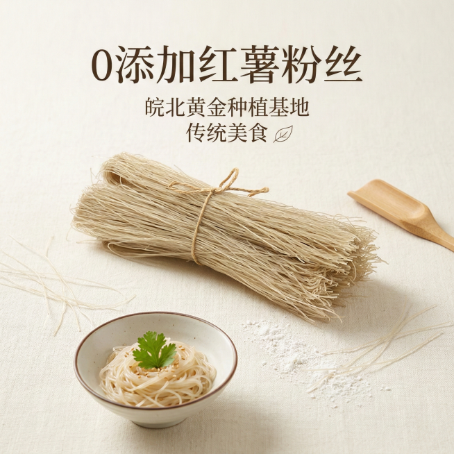 以红薯粉丝为主体，搭配文案"0添加红薯粉丝，皖北黄金种植基地，传统美食"，制作成ins风电商产品主图，使用浅色调背景和简约排版，突出产品清新质感预览效果