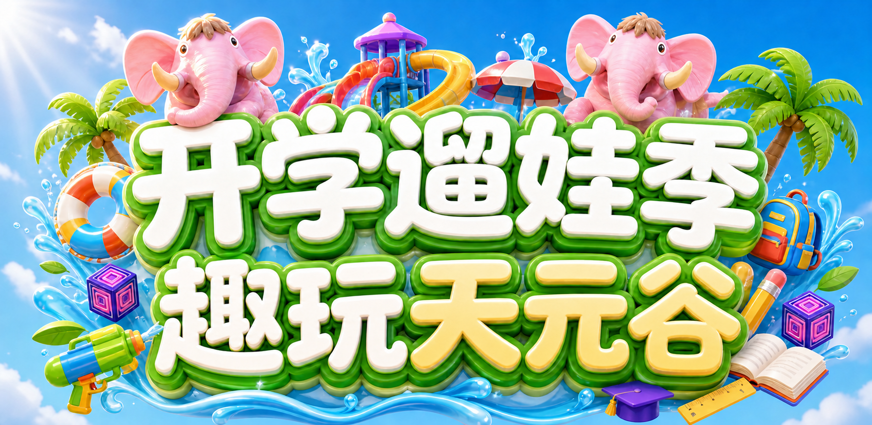 将上方标题"开学遛娃季"的文字颜色改为纯白色，保持绿色立体描边… - 图片创意预览