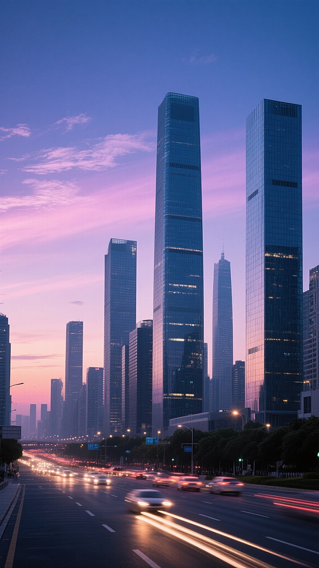 一张干净风格的城市背景素材，展现了黎明时分的现代都市景观。画面中，高楼大厦林立，其中几栋摩天大楼格外醒目，它们的玻璃幕墙在晨曦中反射着微光。天空呈现出从深蓝到粉紫的渐变色彩，点缀着几缕薄云。城市道路上，车灯形成了流动的光带，增添了画面的动感。整体色调清新明快，线条简洁利落，适合作为各种设计作品的背景使用。