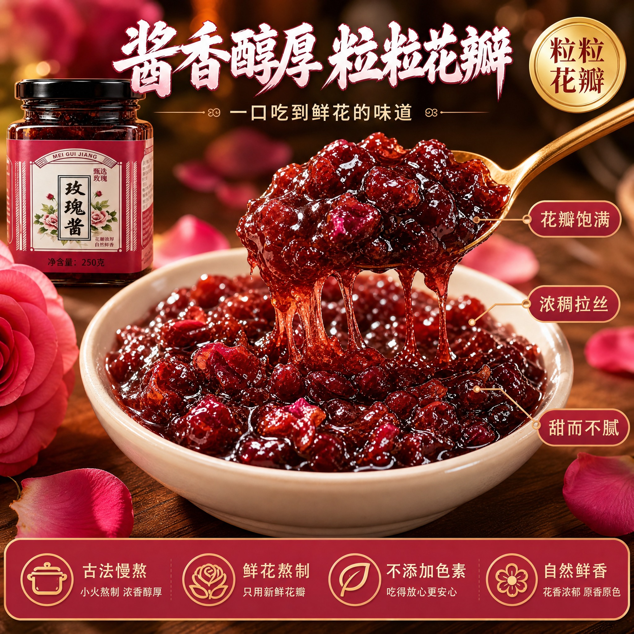 [主图-3 质地特写款] 苦水玫瑰酱250g玻璃瓶装，1:1方… - 图片创意预览