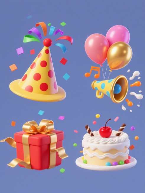 电商素材集合，四个完全不同的节日庆典元素，保持原3D渐变风格，纯色背景，规整排布。第一个元素：黄色条纹派对礼帽，顶部有红色圆点，从礼帽中喷出彩色螺旋彩带和五彩纸屑，彩带颜色包括绿色、紫色、红色、蓝色，纸屑有圆形和方形；第二个元素：红色蝴蝶结装饰的礼物盒，盒身有金色丝带缠绕，礼盒打开，飞出粉色和金色的气球，气球上有高光效果；第三个元素：金色边框的派对喇叭，喇叭口有蓝色圆点，喇叭内吹出橙色和黄色的……预览效果