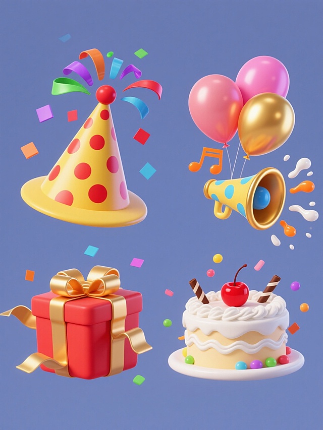 电商素材集合，四个完全不同的节日庆典元素，保持原3D渐变风格，纯色背景，规整排布。第一个元素：黄色条纹派对礼帽，顶部有红色圆点，从礼帽中喷出彩色螺旋彩带和五彩纸屑，彩带颜色包括绿色、紫色、红色、蓝色，纸屑有圆形和方形；第二个元素：红色蝴蝶结装饰的礼物盒，盒身有金色丝带缠绕，礼盒打开，飞出粉色和金色的气球，气球上有高光效果；第三个元素：金色边框的派对喇叭，喇叭口有蓝色圆点，喇叭内吹出橙色和黄色的音符，音符带有渐变光影；第四个元素：白色圆形蛋糕，顶部有红色樱桃，蛋糕表面有奶油花纹，周围散落着彩色糖珠和巧克力棒，蛋糕上方有白色的奶油飞溅效果。所有元素风格统一，色彩鲜艳，具有节日欢快氛围，适合电商促销活动使用。