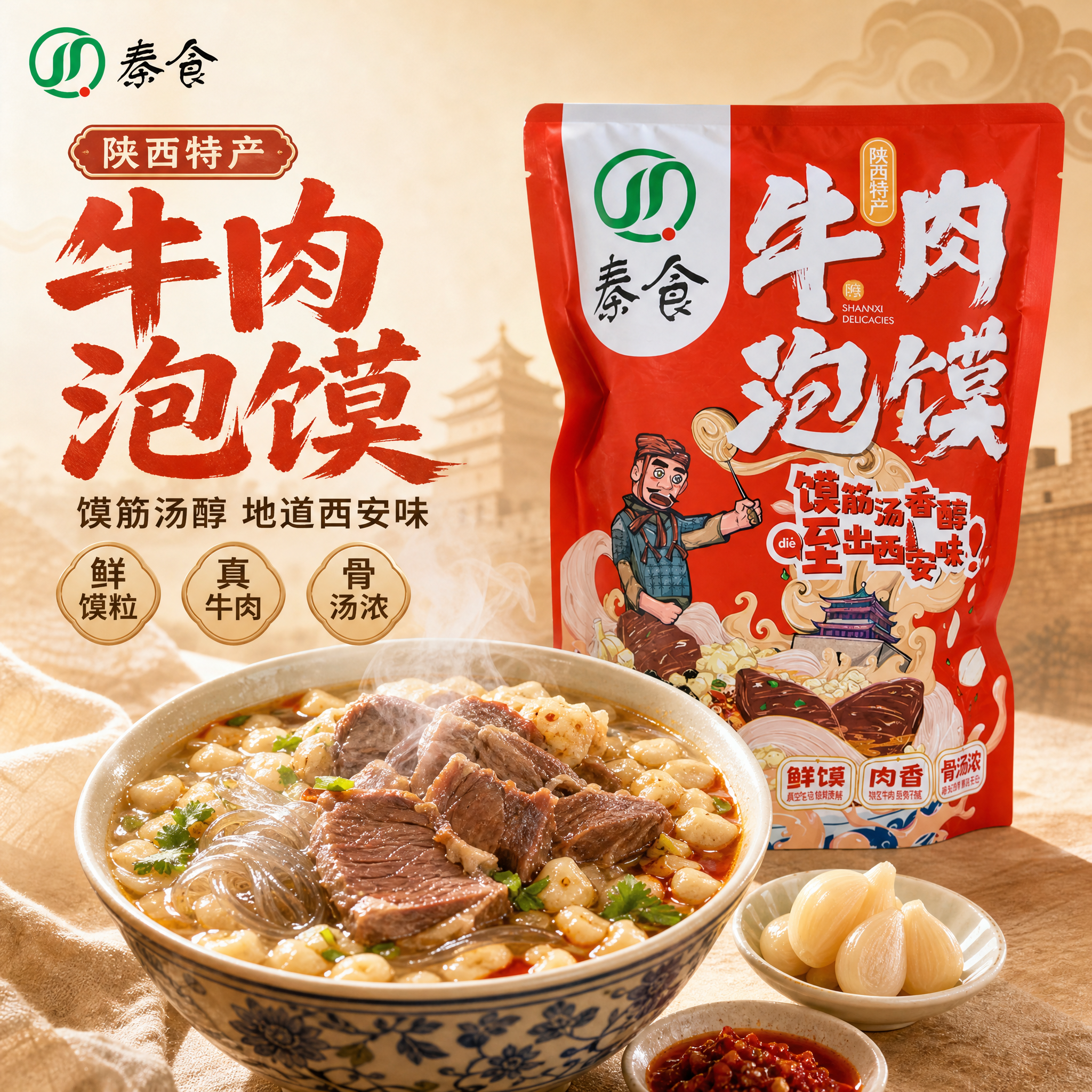 [主图-1] 秦食牛肉泡馍 首图点击率 陕西特产国潮食欲风。… - 图片创意预览