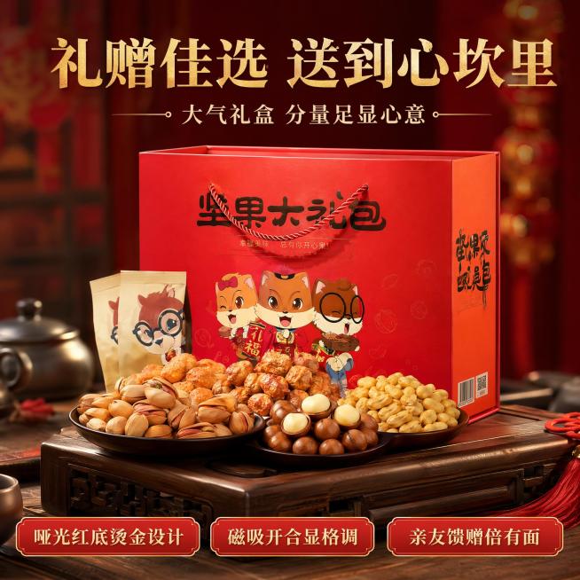 使用电商主图技能生成5张比例1:1的电商主图，适配平台为淘宝/天猫，商品为「图片1」「图片1」「图片1」，商品卖点为卖点1：核心卖点——真材实料，拒绝“充数”   主标题： 全是硬货！不拿零食凑数 副预览效果