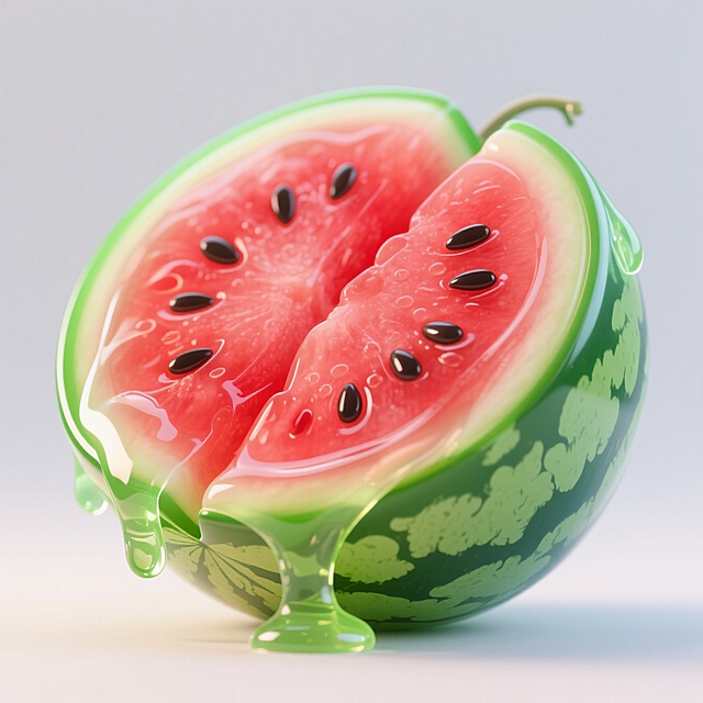 清新感十足的软3D风西瓜设计，液态效果流畅自然，夏日清凉氛围扑面而来。