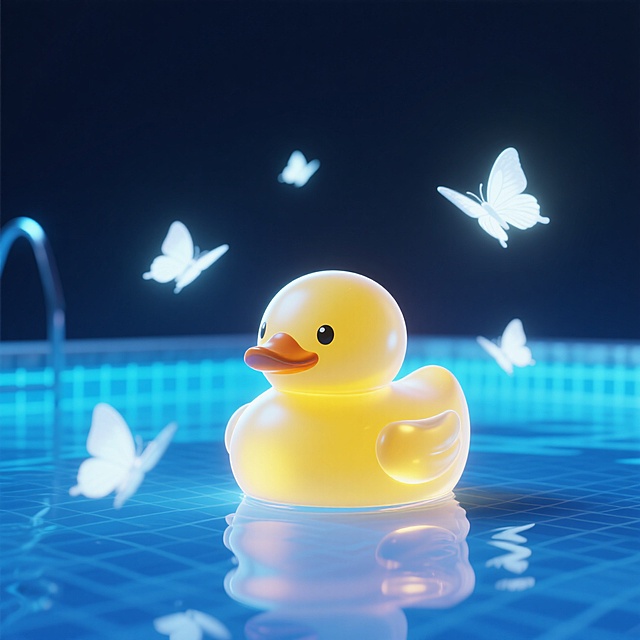 暗光氛围，蓝色氛围光，夜晚的泳池，小黄鸭玩具特写，若干只白色发光蝴蝶错落飞舞环绕